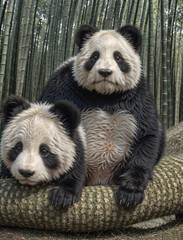 two cute panda brothers, bored in the bamboo forest