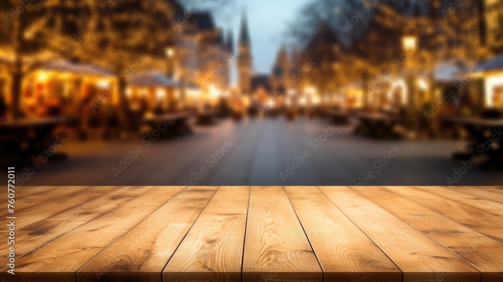 Poster the empty wooden table top with blur background of town square. exuberant image. generative ai
