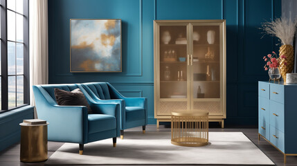 Modern Living Room with Blue Sofa, Gold Accents, and Elegant Glass Cabinet