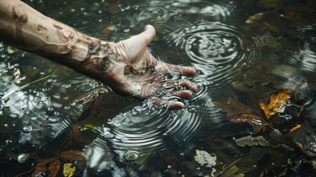 A withered hand tests the amount of water in the river. Storage of recycled water resources and contaminated ecosystems