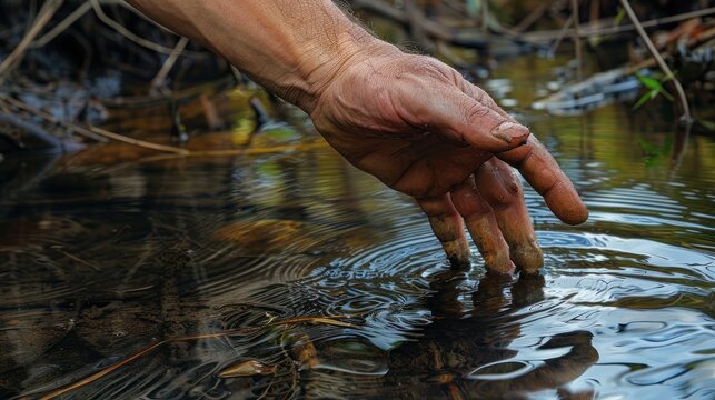 A withered hand tests the amount of water in the river. Storage of recycled water resources and contaminated ecosystems