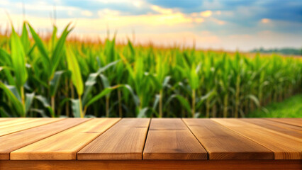 Wooden table with blurred corn field background