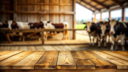 Wooden table with blurred barn background