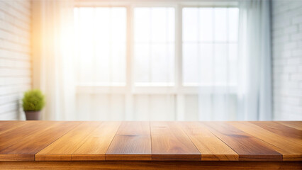 Wooden table with blurred interior background