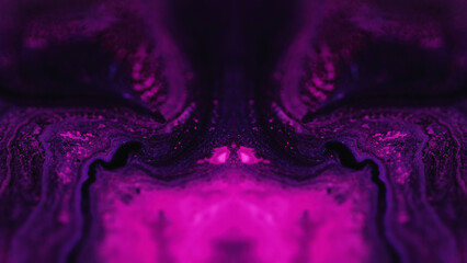 Neon fluid. Paint fractal. Defocused pink purple black color dye blend spreading motion symmetrical...