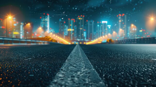 Empty asphalt road and city building landscape at night 