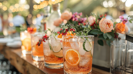 Cocktails being served wedding reception, modern bar setup, outdoor rustic wedding table with cocktails made and waiting. Generative AI.