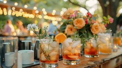 Fototapeta premium Cocktails being served wedding reception, modern bar setup, outdoor rustic wedding table with cocktails made and waiting. Generative AI.