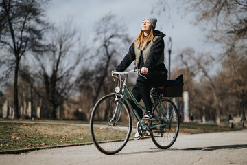 A serene image capturing a woman riding her bicycle in a scenic park, promoting a healthy lifestyle...