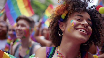Teenage white girl at a pride festival celebrating diversity, inclusion and the LGBTQIA community. The woman is smiling and enjoying life  - obrazy, fototapety, plakaty