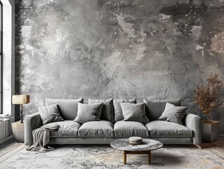 Grey sofa against concrete stucco wall. Industrial, loft home interior design
