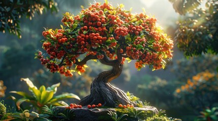 Bonsai Tree of Vibrant Fruit in a Magical Forest - A 3D Rendering Showcasing Cartoonish Character Design and Impressionist Style