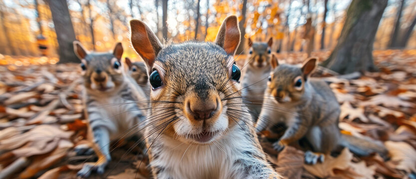 A group of squirrels in a selfie shot. Generative AI.