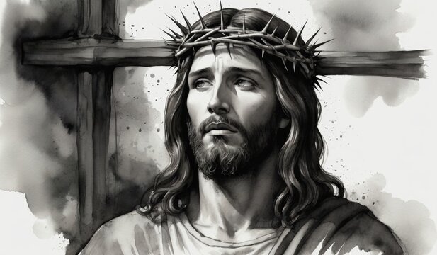 Black and white watercolor illustration of Jesus Christ with a red crown of thorns with copy space