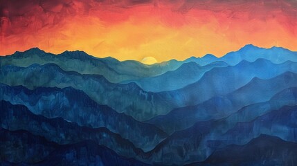 surreal illustration, sunset over the mountains, generative ai