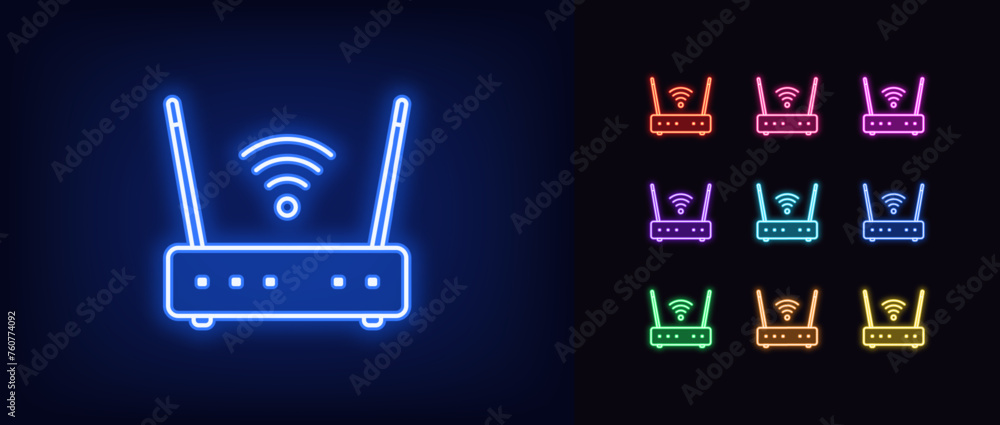 Poster outline neon wifi router icon set. glowing neon wifi router with antennas and wave signal. wireless 