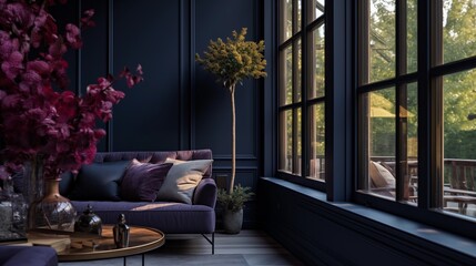 Midnight Blue Walls with Plum and Bronze Details in the Sunroom.