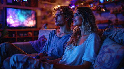 Obraz premium Romantic love. Couples doing an activity together such as watching a film,playing video games.