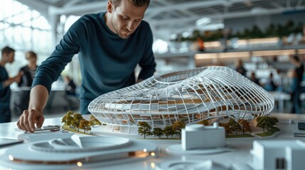 Architects working on mockup of futuristic stadium. Generative AI.