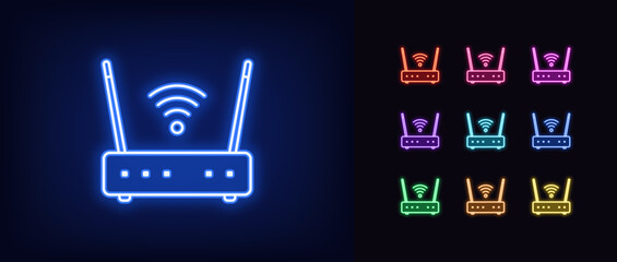 Outline neon wifi router icon set. Glowing neon wifi router with antennas and wave signal. Wireless internet, mobile hotspot, modem with wifi network, internet connection. Vector icon set - obrazy, fototapety, plakaty