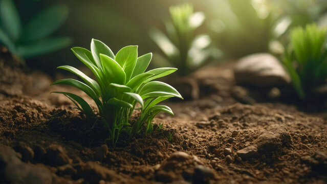 Green plant growing in the soil. Close up of small green plant growing in soil