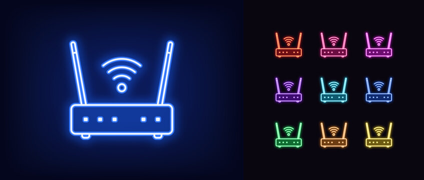 Outline neon wifi router icon set. Glowing neon wifi router with antennas and wave signal. Wireless internet, mobile hotspot, modem with wifi network, internet connection. Vector icon set