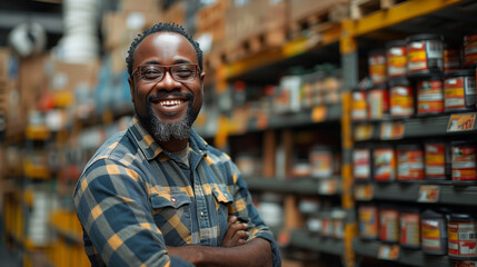 Obraz premium smiling and laughing man in a hardware warehouse standing selects a repair tool.