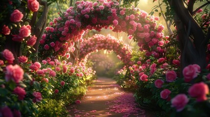 Obraz premium Pink roses arch in a garden, vibrant colors. Generative AI.
