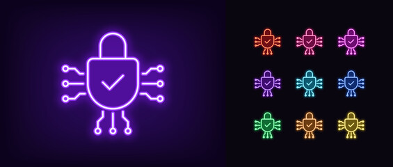 Outline neon digital lock icon set. Glowing neon digital lock with tick sign. Reliable cyber security, digital data protection, safety policy, secure service, cyber guard technology. Vector icon set