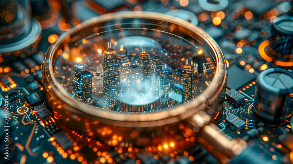 Poster magnifying glass on electronic circuit board over a computer motherboard. blue bokeh background