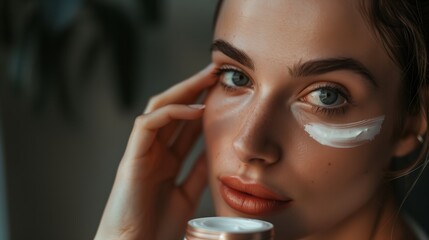 Professional photo beautiful woman carefully applies a thin layer of cosmetic cream on her face, looking at the camera. Generated by artificial intelligence.