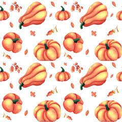 Autumn Pattern Design Hand Drawn in Gouach technic Orange Pumpkin