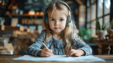 Caucasian little girl sitting at home using headphones and doing homework.