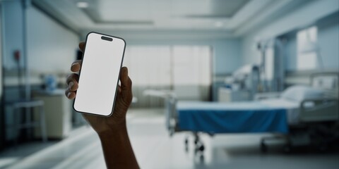 Black African-American male using smartphone with a blank screen in hospital - obrazy, fototapety, plakaty