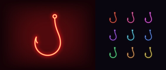 Outline neon fishhook icon set. Glowing neon hook sign, symbol of internet fraud and deceit. Cyber security, bait and trick, digital threat, data theft and fraud, web phishing, scam. Vector icon set - obrazy, fototapety, plakaty