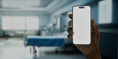 Black African-American male using smartphone with a blank screen in hospital - 760774698