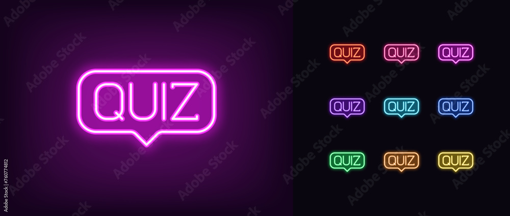 Poster outline neon quiz icon set. glowing neon text quiz inside speech bubble. game message, quiz time, tr