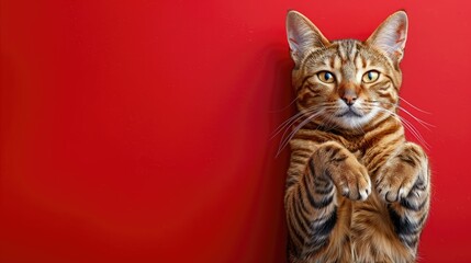 Majestic tabby cat with striking eyes posing against a red background.