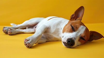 Tranquil Jack Russell Terrier napping on a yellow background.