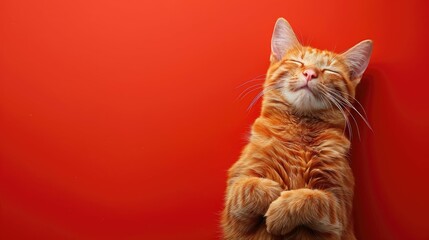A sleeping orange cat with a smile on a red background.