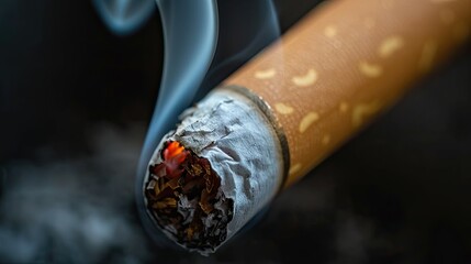 Close-up of a lit cigarette emitting smoke on a dark background.