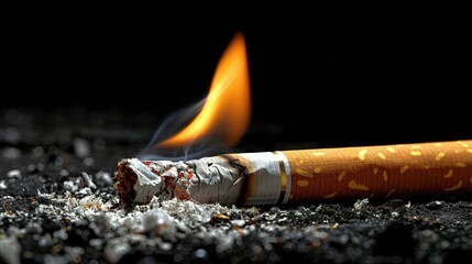 Lit cigarette with ash and a glowing ember on a dark background.