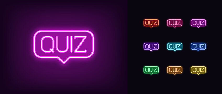 Outline neon quiz icon set. Glowing neon text Quiz inside speech bubble. Game message, quiz time, trivia play, questionnaire and interview, game show with questions and answers. Vector icon set
