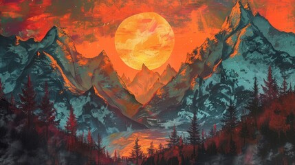 surreal illustration, sunset over the mountains, generative ai