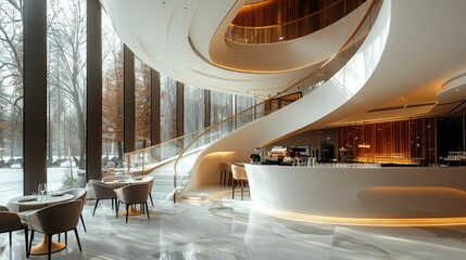 A round plan restaurant in modern luxury style in double volume building with curved staircase. Generative AI. - obrazy, fototapety, plakaty