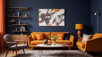 Navy Blue Walls with Mustard Yellow and Rust Orange Accents in the TV Lounge.