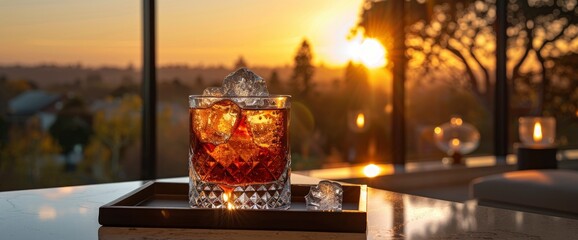 brown soft drink can, front camera, Placed on a stylish tray with ice and garnishes An urban rooftop lounge during the golden hour, Wallpaper Pictures, Background Hd - obrazy, fototapety, plakaty