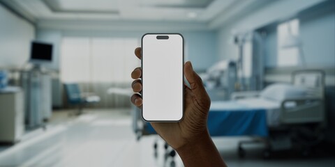 Black African-American male using smartphone with a blank screen in hospital - 760775088