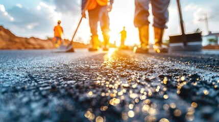 Workers with tools in the early morning light working on fresh asphalt road. - obrazy, fototapety, plakaty