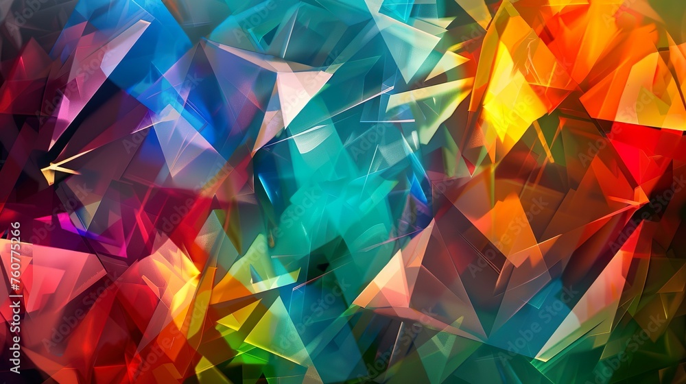Poster a digital artwork featuring geometric shapes in a rainbow of colors, creating a visually striking an